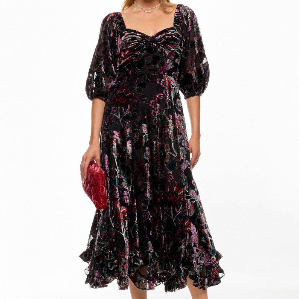 Anthropologie Hutch Floral Sz L Burnout Velvet Midi Dress Sweetheart Neckline